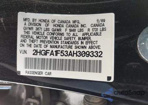 2010 Honda Civic Lx z USA, uszkodzony, nr VIN 2HGFA1F53AH309332